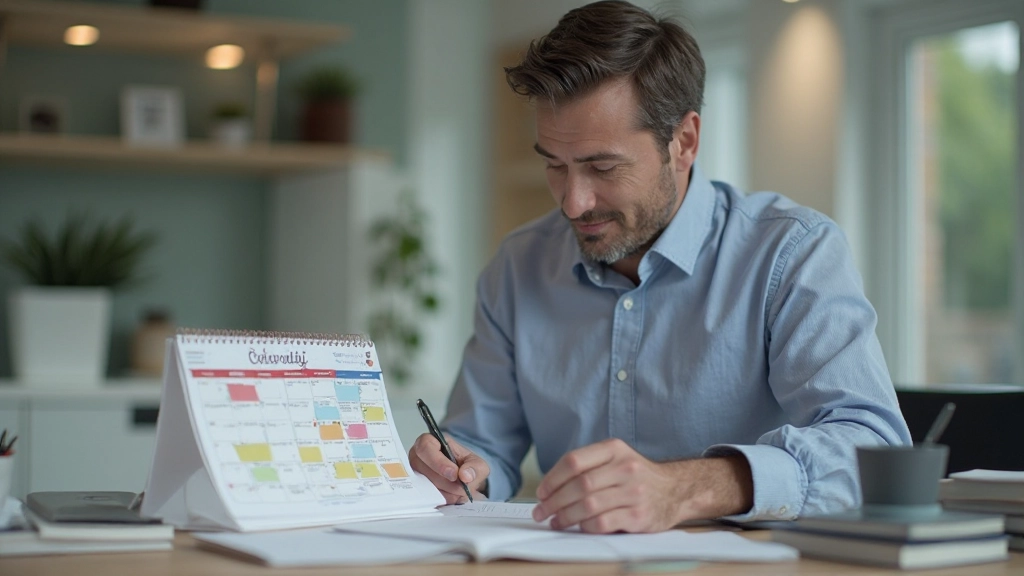 Kalender mit farblich markierten Zeitblöcken für verschiedene Aufgabenkategorien