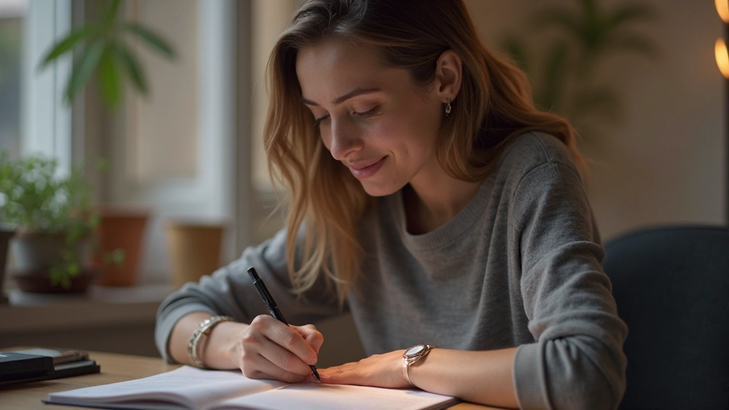 Person schreibt in einem Journal und reflektiert ihre Gedanken