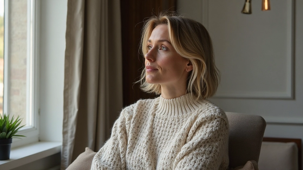 Frau sitzt nachdenklich am Fenster und praktiziert Achtsamkeit
