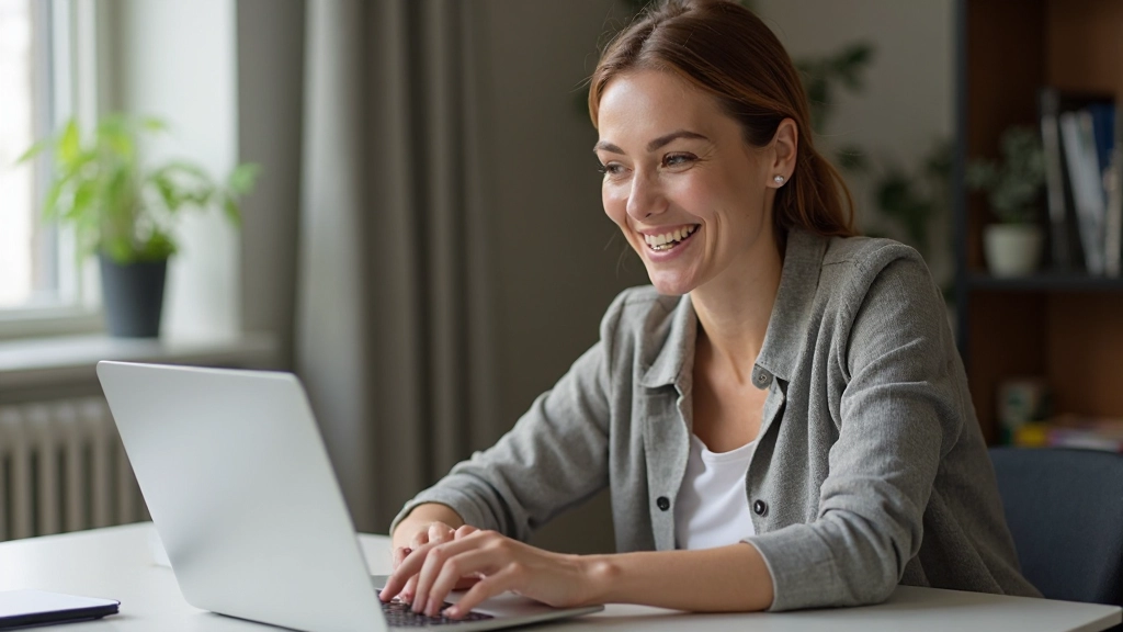 Person schaut zufrieden auf ihren Laptop, mit einem leeren Schreibtisch und organisierten Notizen