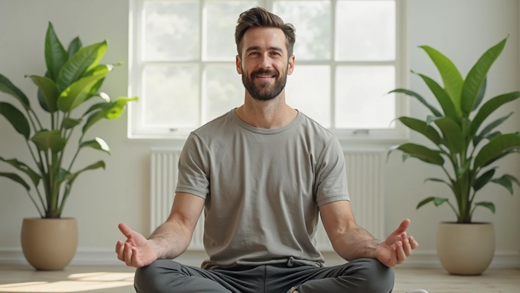 Mann meditiert in ruhigem Raum mit grünen Pflanzen und natürlichem Licht