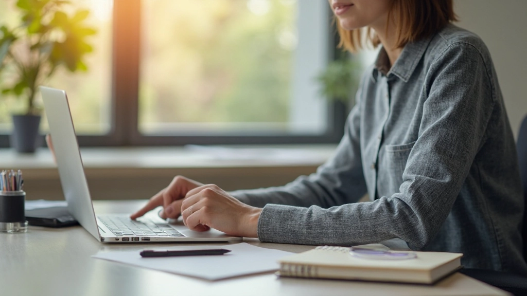 Moderne Lernumgebung mit Laptop und Notizbuch auf hölzernem Schreibtisch, natürliches Licht, inspirierendes Setup