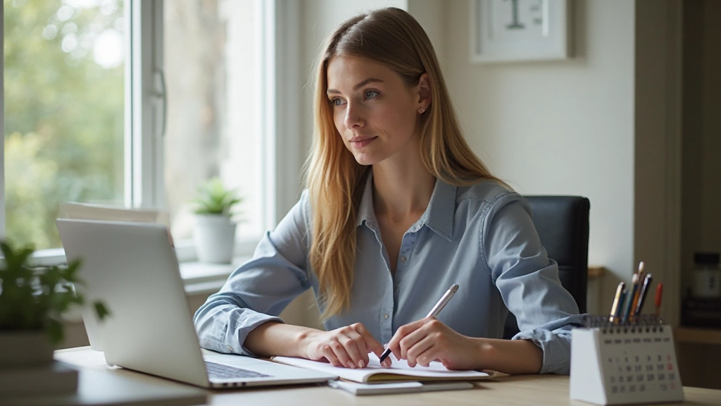 Frau sitzt mit Laptop am Fenster und plant ihren Tag mit Kalender