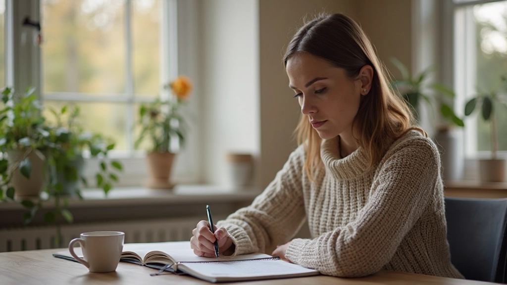 Person schreibt Ziele in Notizbuch auf Schreibtisch mit Kaffee und Stift